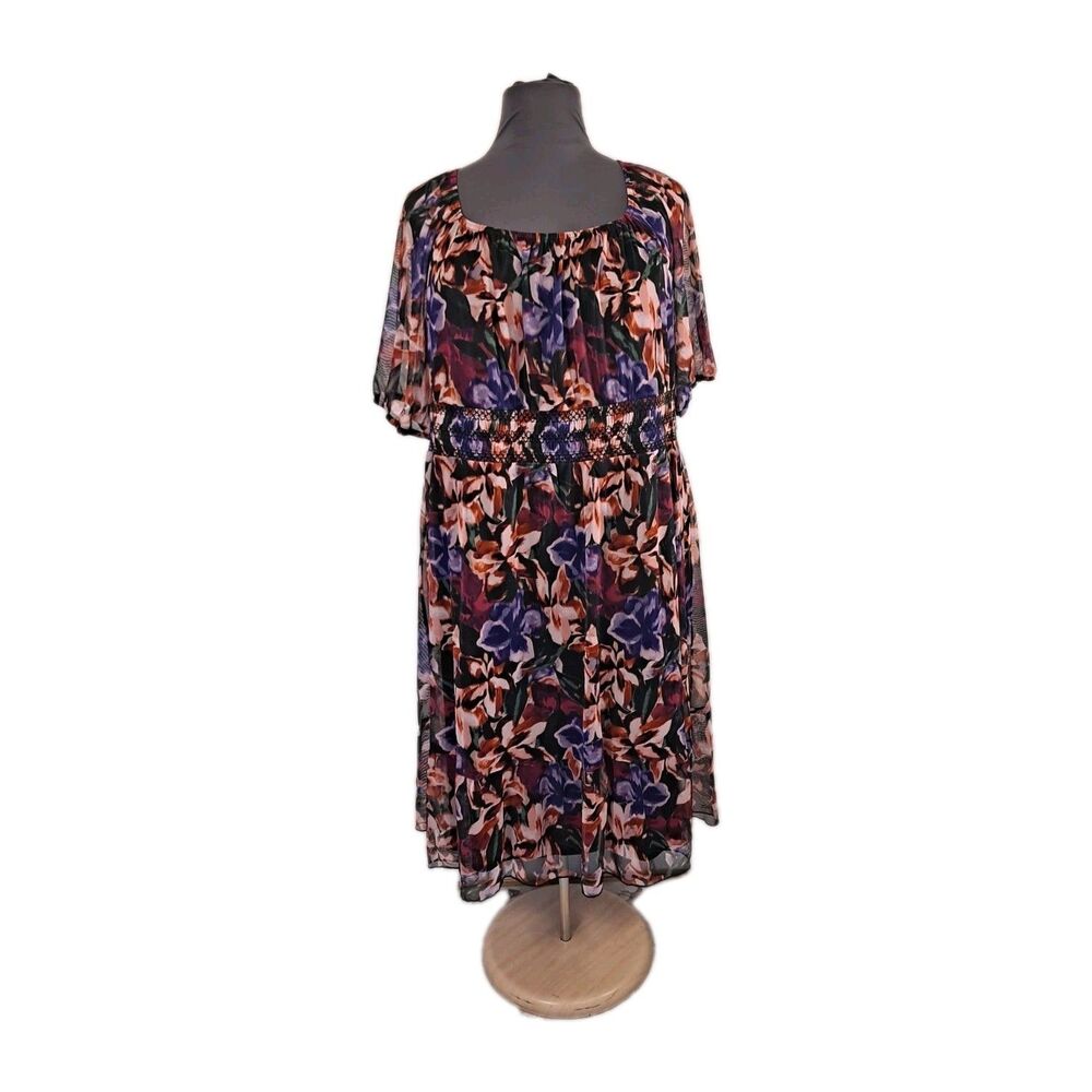 Terra & Sky Womens Midi Dress Size 3X Tier Smock Mesh Sheer Floral Lined